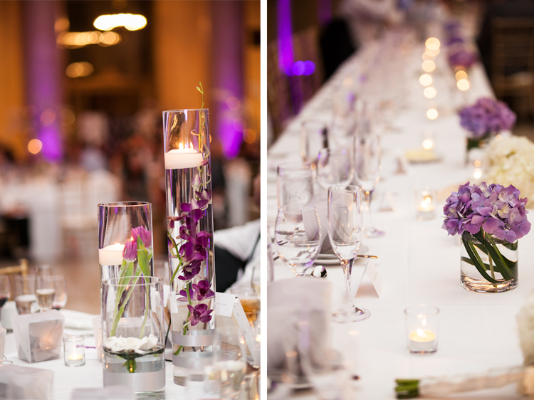 Purple flowers and candles at a wedding